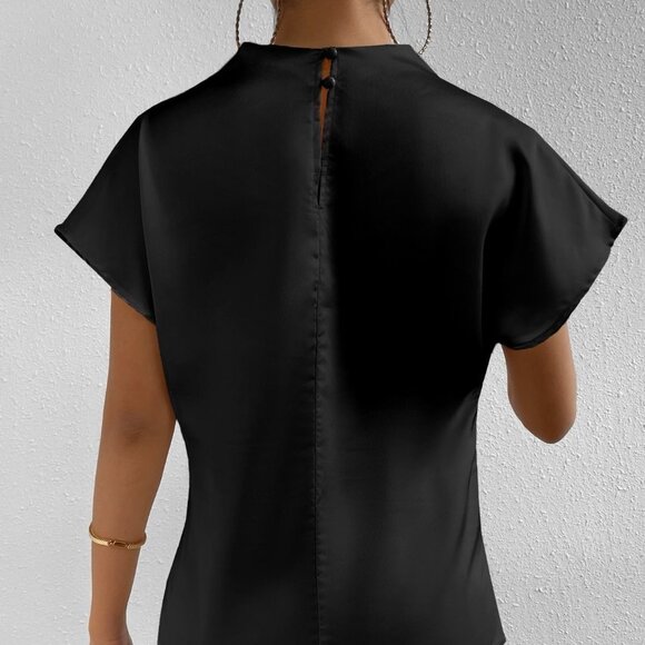 Black Casual Womens Mock Neck Batwing Sleeve Satin Blouse - Picture 2 of 5